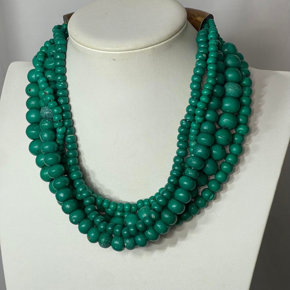 Statement necklace costume jewelry teal blue green dyed stone beads beaded